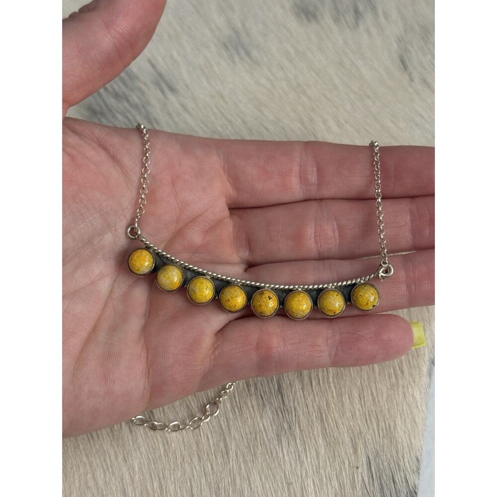 Sterling Silver Yellow Bumblebee Jasper Round Multistone Bar Necklace 17.5-19.5”